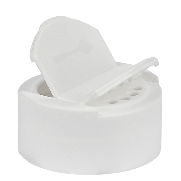 Bocal à sel/épices Couvercle avec double ouverture blanc - Dual : 4 trous ø3mm et 1 trou ø29mm. Filetage de 41mm. Charnière à charnière. EN PP. Bocal à sel/épices Couvercle avec double ouverture blanc - Dual : 4 trous ø3mm et 1 trou ø29mm. Filetage de 41mm. Charnière à charnière. EN PP.