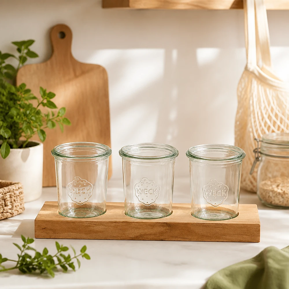 Trois pots vides Weck 160ml sur planche à servir en bambou Plano3 dans une cuisine scandinave avec plantes