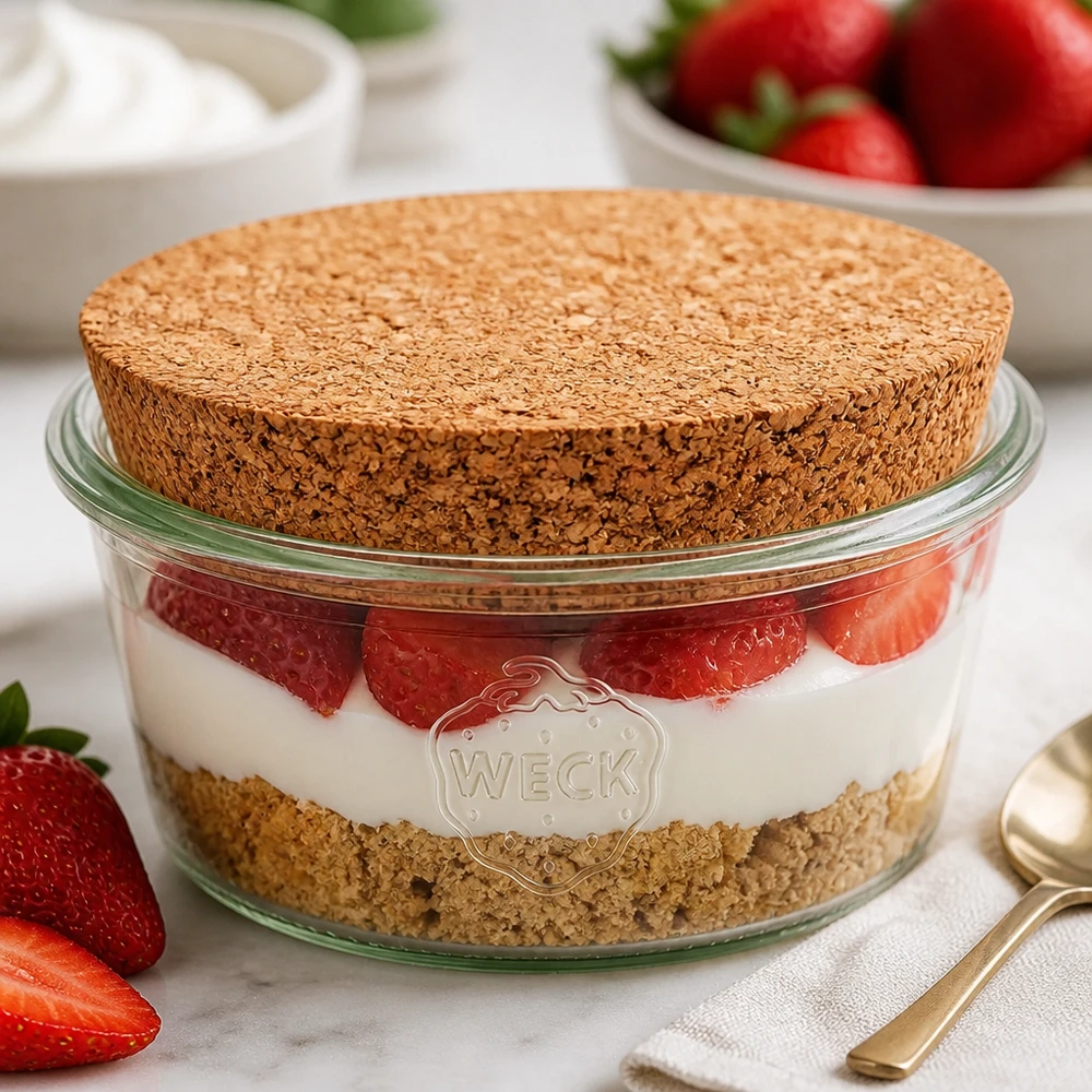 290ml bocal conique faible WECK RR80 avec bouchon nature WECK Verre renversé 290ml RR100 avec bouchon naturel comme verre à dessert stratifié pour tiramisu rempli de fraises