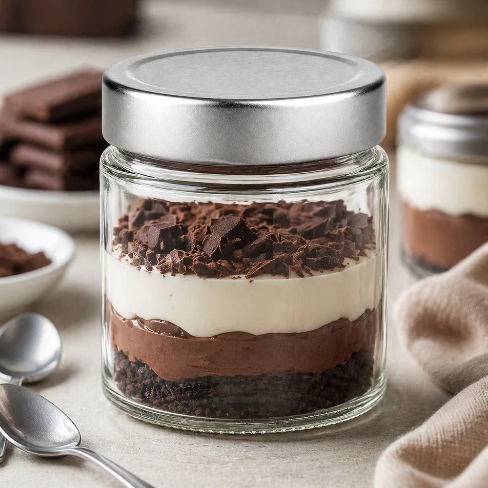 135ml Verre rond avec couvercle BasicSeal argent UNiTWIST 135ml Verre rond argenté Couvercle Dessert Tiramisu Dessert en couches Cuisine Dessert Verre Récipient de stockage BasicSeal