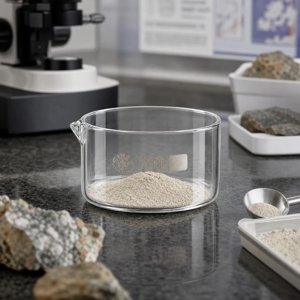 Coupelle de cristallisation de 100 ml contenant une fine poudre minérale, posée sur une paillasse de laboratoire grise à côté d'échantillons de roches