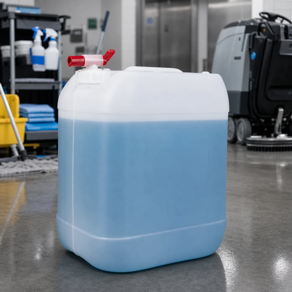 Bidon bleu de 20 litres pour produit nettoyant, muni d'un robinet rouge et reposant sur un socle en résine époxy