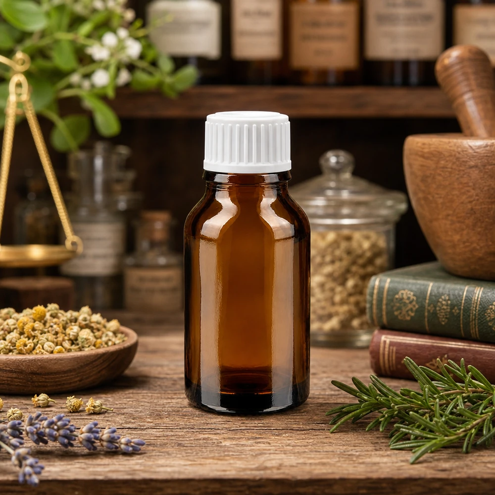 Flacon de pharmacie ambré de 15 ml muni d'un bouchon à vis blanc, contenant des herbes séchées