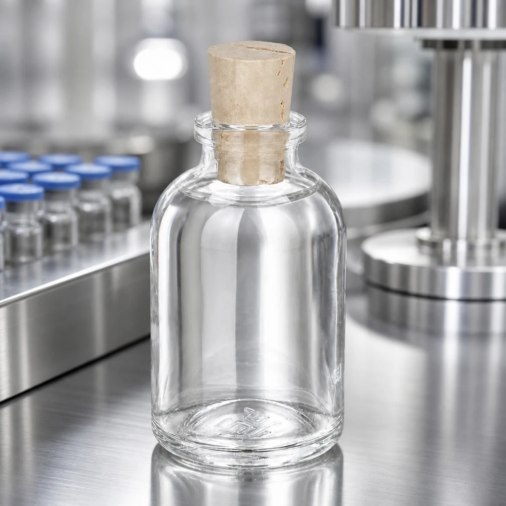 Leere Glasflasche mit breitem Korkverschluss auf glänzender Edelstahlarbeitsplatte im Reinraum