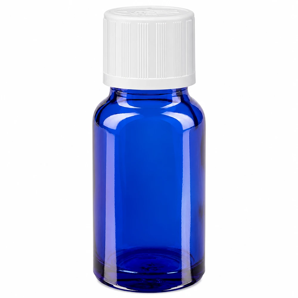 Flacon en verre bleu de 10 ml, de type pharmacie, muni d'un bouchon de sécurité blanc pour enfants et d'un compte-gouttes de 1,2 mm