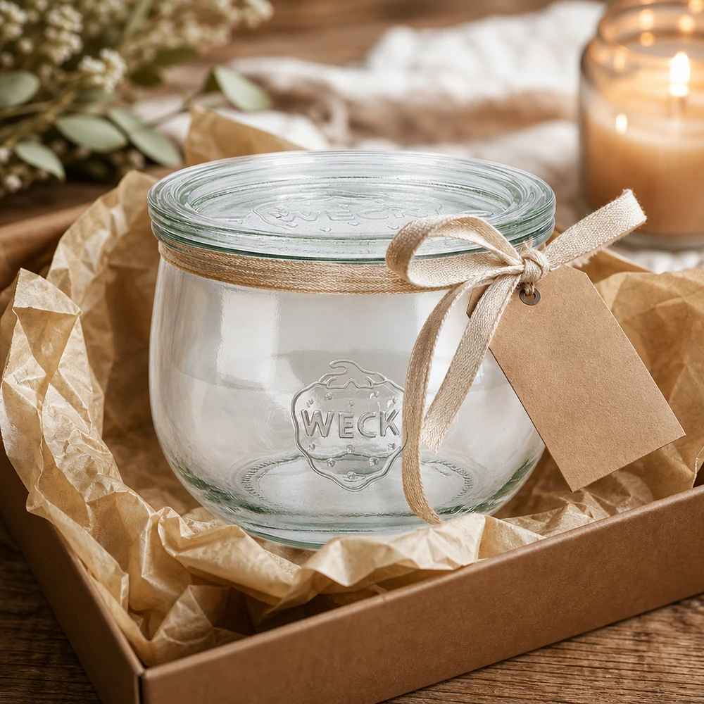 WECK Pot tulipe 580ml RR100 présenté comme une idée de cadeau dans un carton avec un ruban de décoration et un pendentif