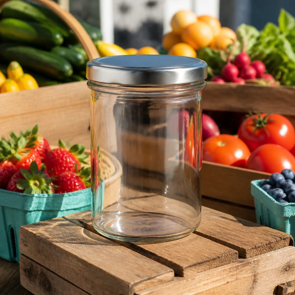350ml Verre conique avec couvercle BasicSeal argent UNiTWIST Pot de 350ml avec couvercle argenté dans la cuisine entouré de fruits et légumes frais Pot de conservation