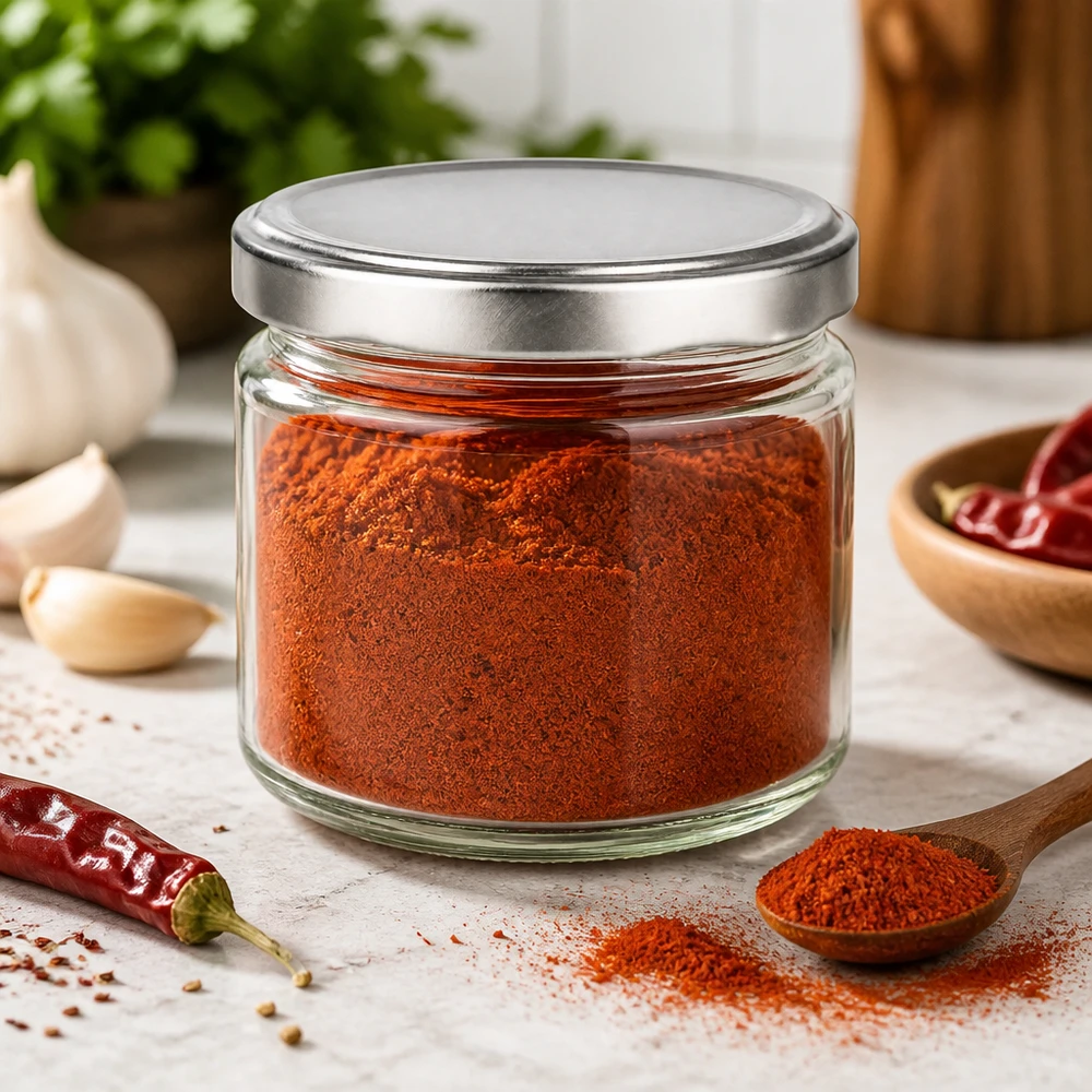 Bocal rond de 330ml avec couvercle BasicSeal rempli de paprika en poudre dans l'environnement de la cuisine Bocal à épices Récipient à provisions
