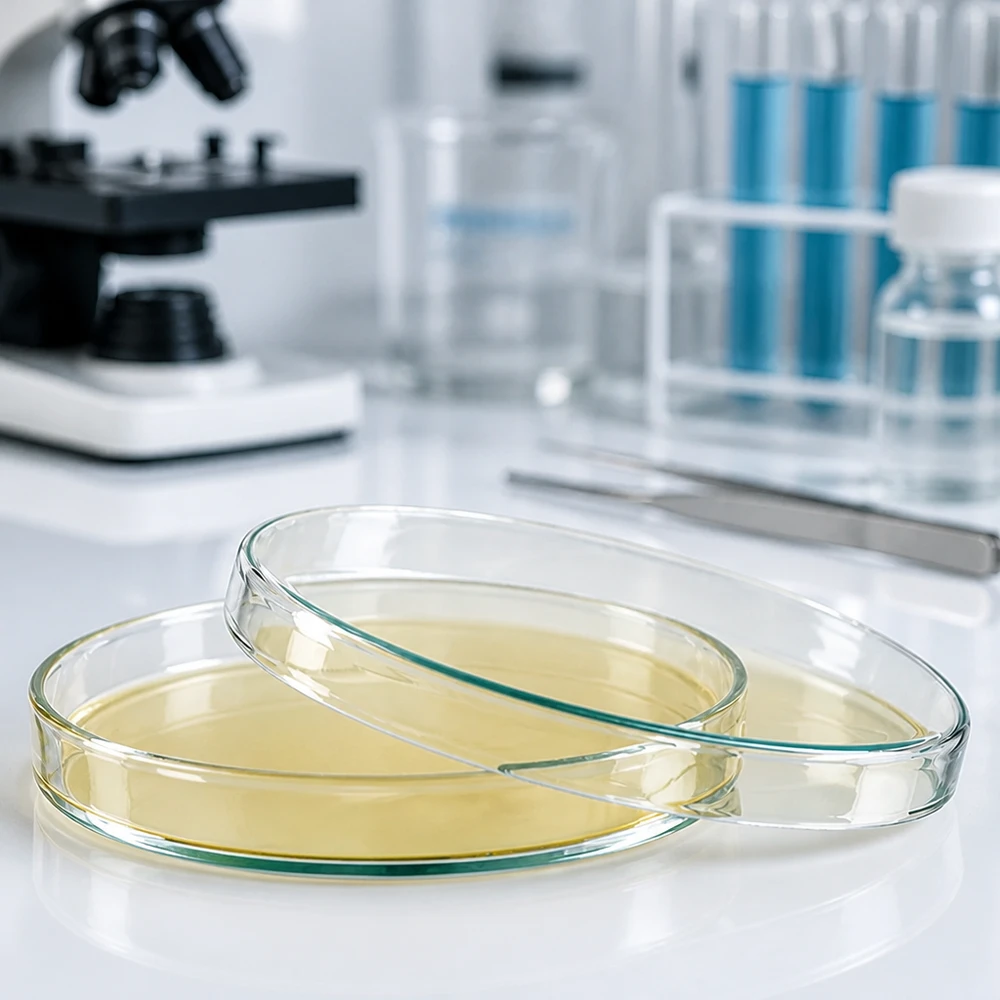 Boîte de Petri en verre 120x20 mm Boîte de Pétri de 120 x 20 mm en verre borosilicaté transparent contenant de la gélose de culture jaune, dans un laboratoire de microbiologie