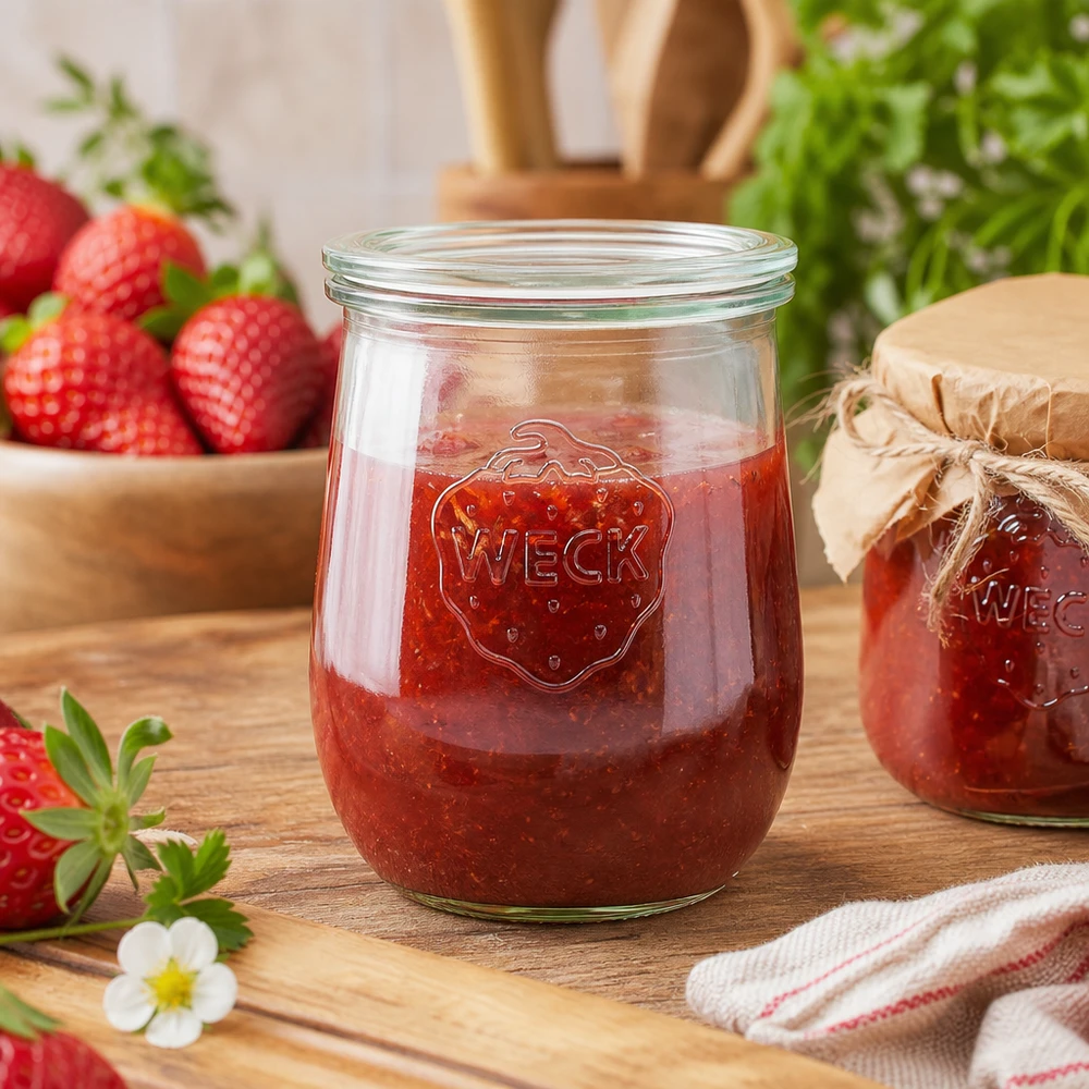 1062ml bocal tulipe avec bouchon en verre WECK RR100 WECK Pot de conserve 1062ml rempli de confiture de fraises sur une planche en bois à côté de fraises fraîches et d'un torchon de cuisine