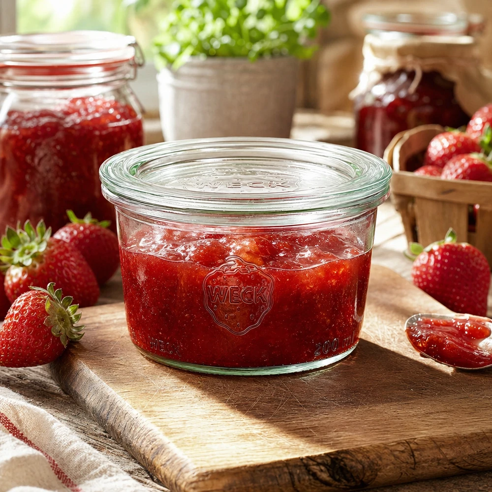 WECK Pot renversé 200ml RR80 avec confiture de fraises maison remplie sur planche en bois avec fraises fraîches