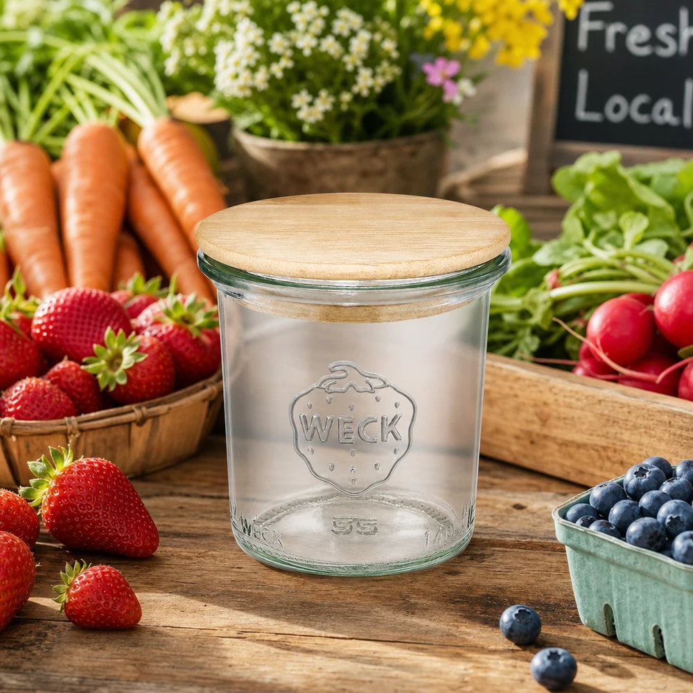140ml bocal conique WECK RR60 avec couvercle en bois WECK Verre renversé 140ml RR60 avec couvercle en bois entouré de fruits et légumes frais sur table en bois Ambiance marché fermier