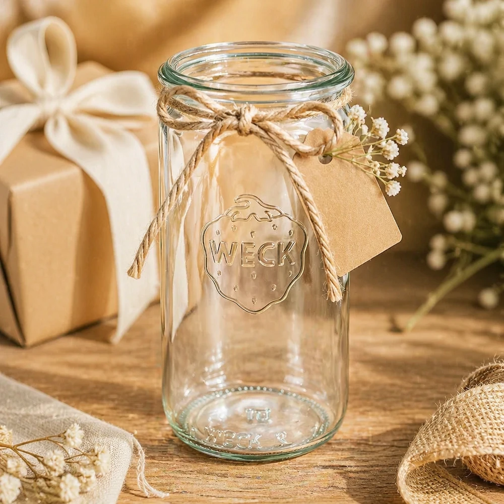 WECK Verre cylindrique 340ml RR60 comme cadeau décoré avec une corde de jute et un pendentif dans une scène décorative rustique