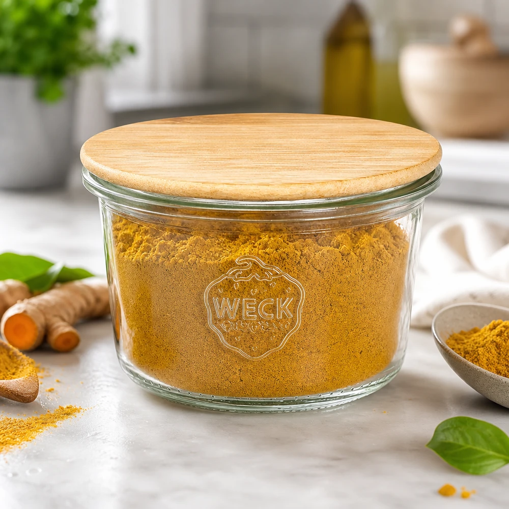 Pot de 80ml WECK RR60 avec couvercle en bois WECK Pot renversé 80ml RR60 avec couvercle en bambou rempli d'épices de curcuma dans la cuisine moderne avec des racines fraîches