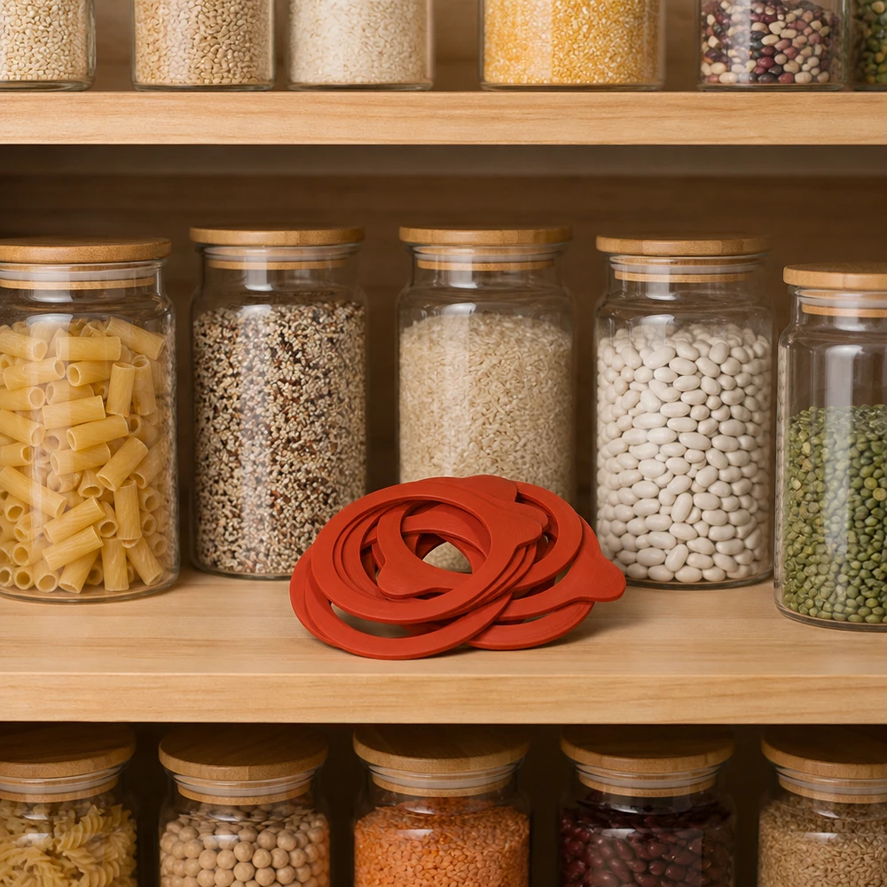 Anneau de mise en conserve RR60 Caoutchouc naturel orange dans la cuisine de réserve avec des bocaux remplis de légumes secs, de céréales et de pâtes.