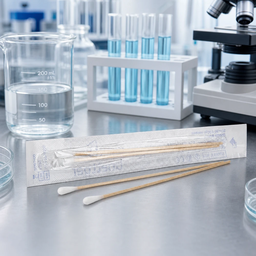 Écouvillon STÉRILE Bâtonnets stériles de laboratoire, lot de 2, dans une salle blanche, à côté de tubes à essai et d'un microscope