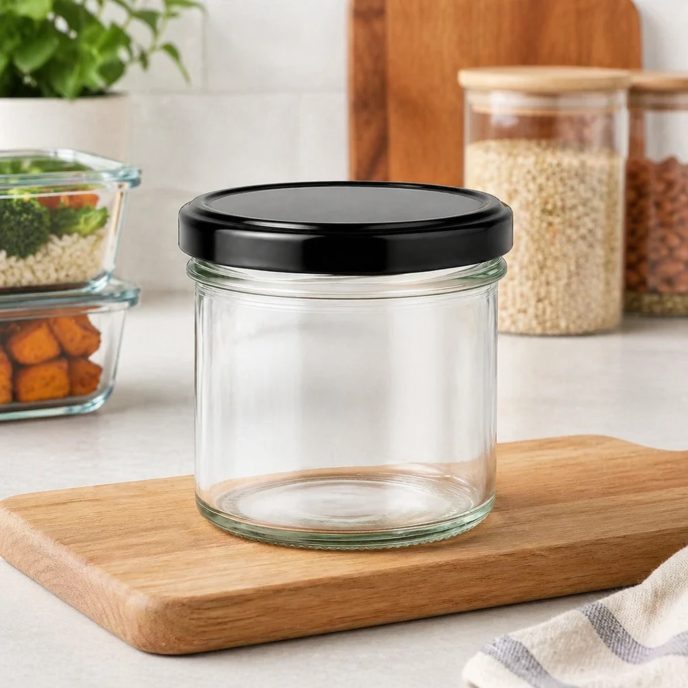 125ml Verre conique avec couvercle BasicSeal noir UNiTWIST Bocal en verre de 125ml avec couvercle noir BasicSeal vide sur planche en bois Environnement cuisine Récipient de stockage Bocal de conservation