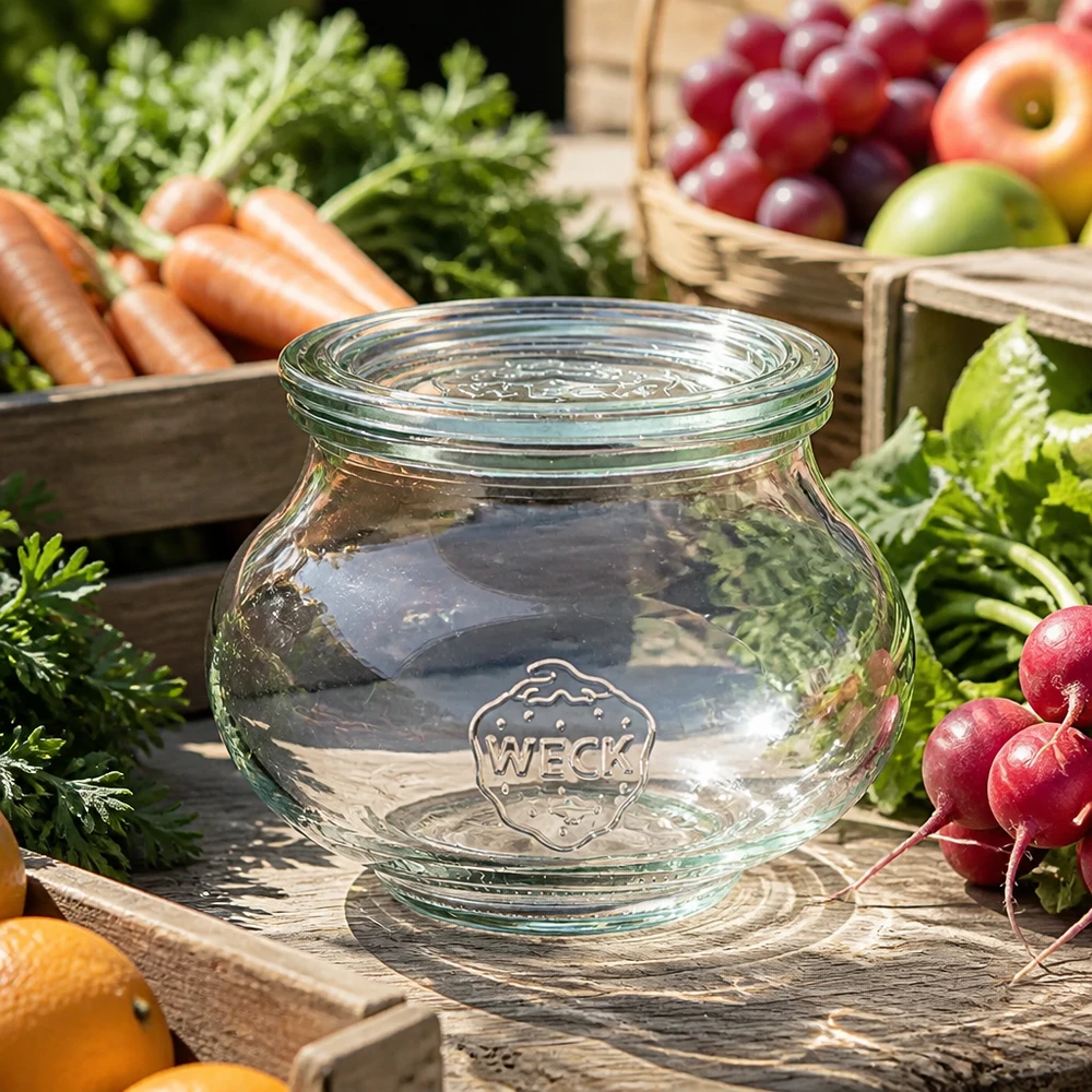 Bocal décoratif de 560 ml avec couvercle en verre WECK RR80 WECK Pot à bijoux 560ml RR80 avec couvercle en verre transparent entre légumes frais carottes radis et fruits