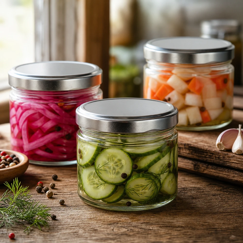 540ml Verre rond avec couvercle BasicSeal argent UNiTWIST Pots ronds de 540ml avec couvercles argentés pour conserver les légumes, les concombres et les oignons.