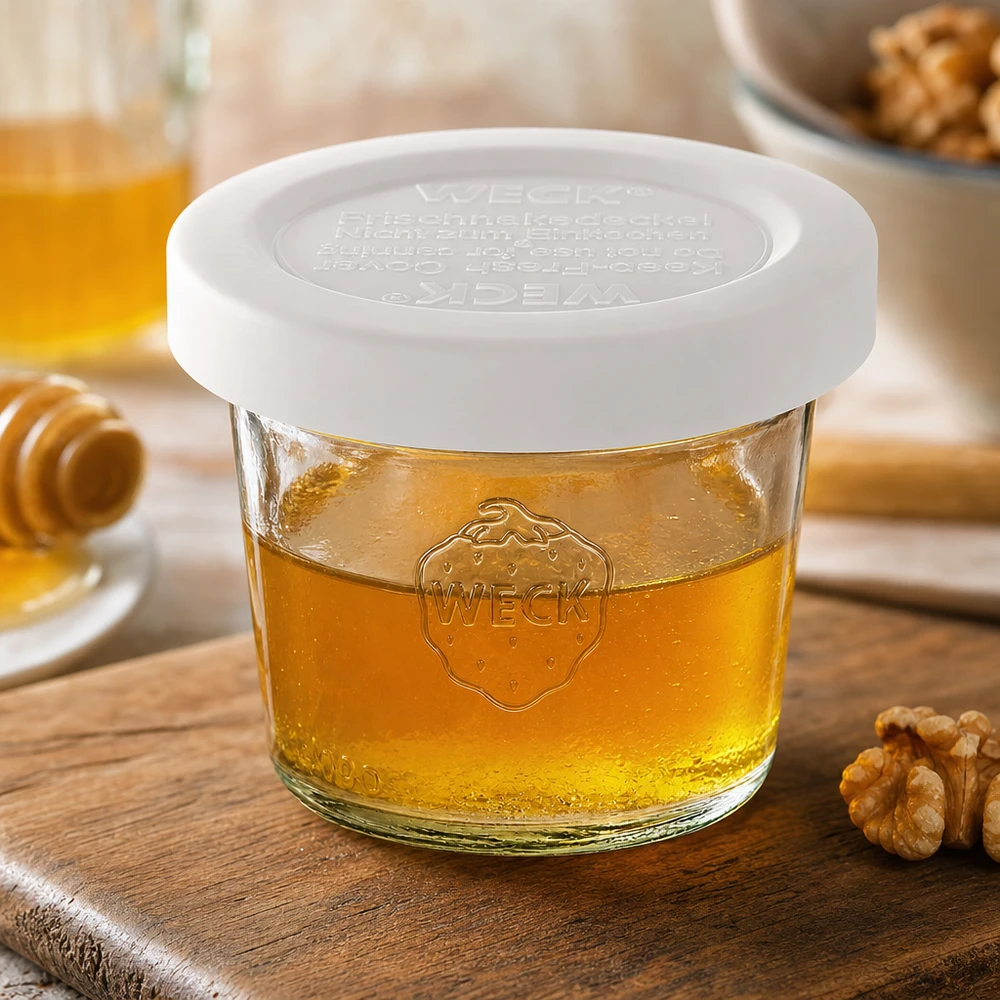 WECK Pot renversé 35ml RR40 rempli de miel avec couvercle blanc, décoré de noix sur fond en bois