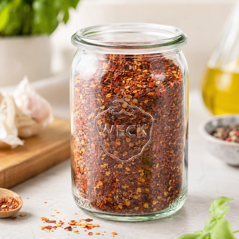 WECK RR40 Pot 145ml rempli de flocons d'épices au piment rouge sur un plan de travail de cuisine blanc avec de l'ail et de l'huile