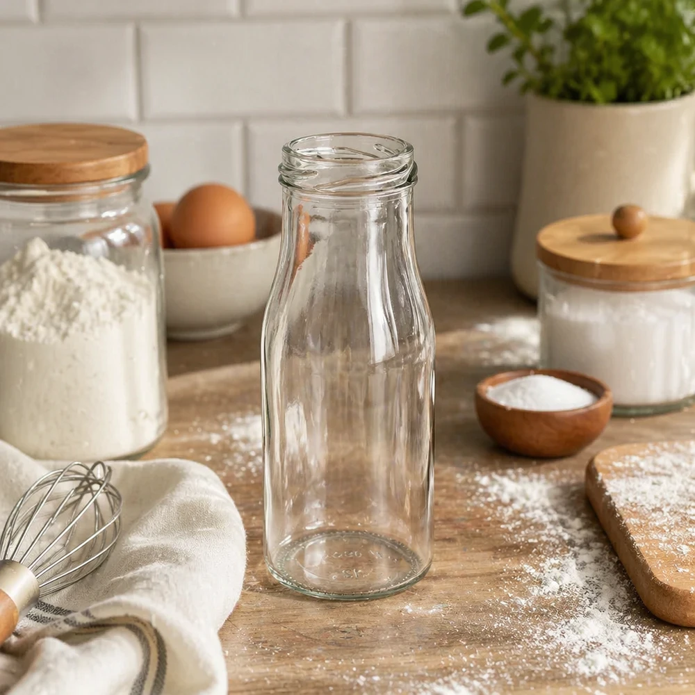 150ml Bouteille sans bouchon (TO43) UNiTWIST UNiTWIST Bottle150 Bouteille en verre 150ml TO43 dans une cuisine moderne avec des ustensiles de cuisine et des bocaux à provisions