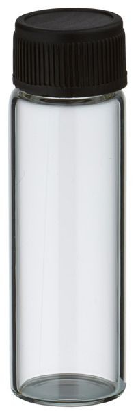 Mini flacon en verre clair 5 ml, filetage M13 avec bouchon à vis noir et joint d’étanchéité