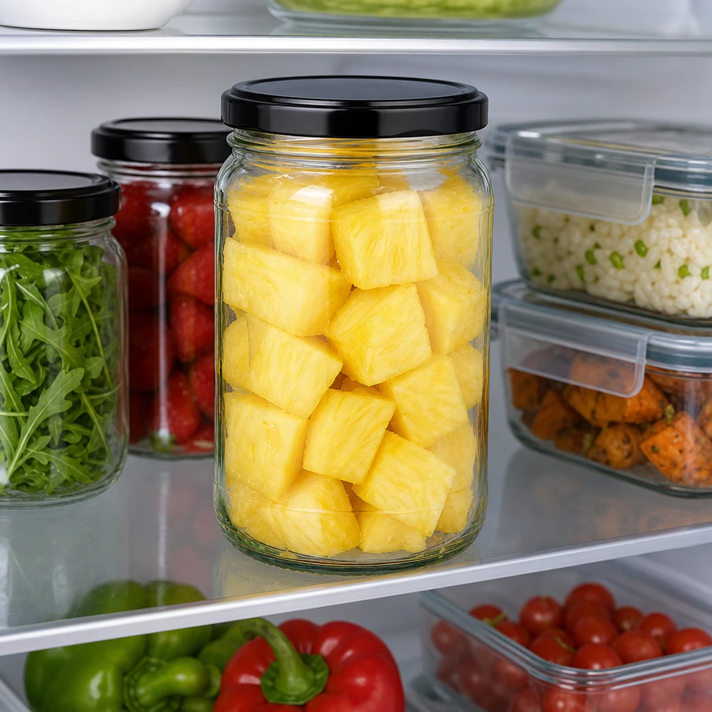 305ml Verre rond avec couvercle BasicSeal noir UNiTWIST Bocal rond de 305 ml UNiTWIST avec couvercle noir plein d'ananas au réfrigérateur pour la conservation des aliments