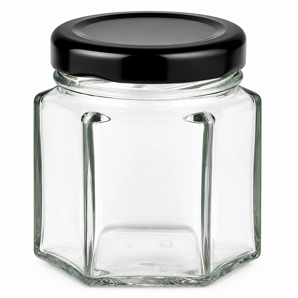 Bocal hexagonal de 47ml avec couvercle noir BasicSeal - bocal en verre hexagonal pour aliments et conservation