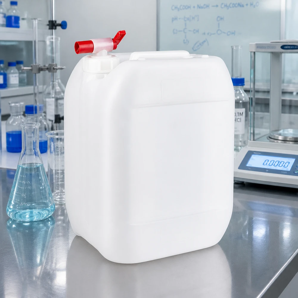 Jerrican de 10 litres avec robinet Bidon rectangulaire en plastique de 10 litres muni d'un robinet rouge, destiné à un usage professionnel en laboratoire