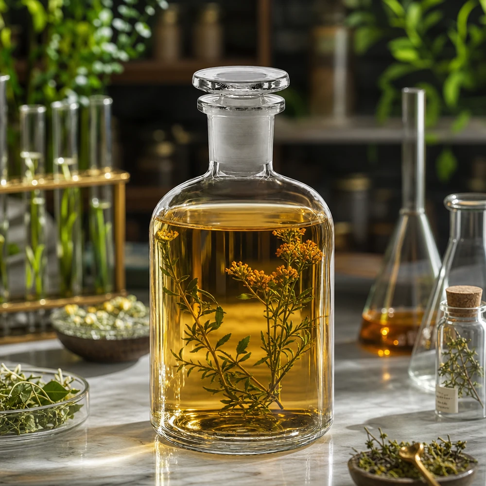 Flacon pharmaceutique 250 ml col étroit en verre clair + bouchon Bouteille à col étroit et à épaules arrondies, 250 ml, transparente, avec bouchon en verre, pour huiles aux herbes