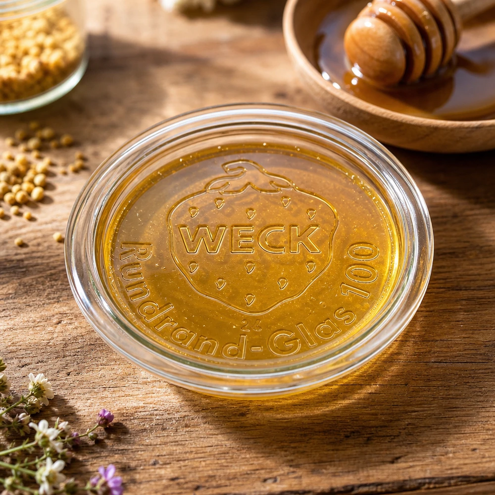 Couvercle de verre RR100 WECK Couvercle en verre WECK RR100 rempli de miel sur une table en bois rustique à côté de rayons de miel et d'une cuillère à miel
