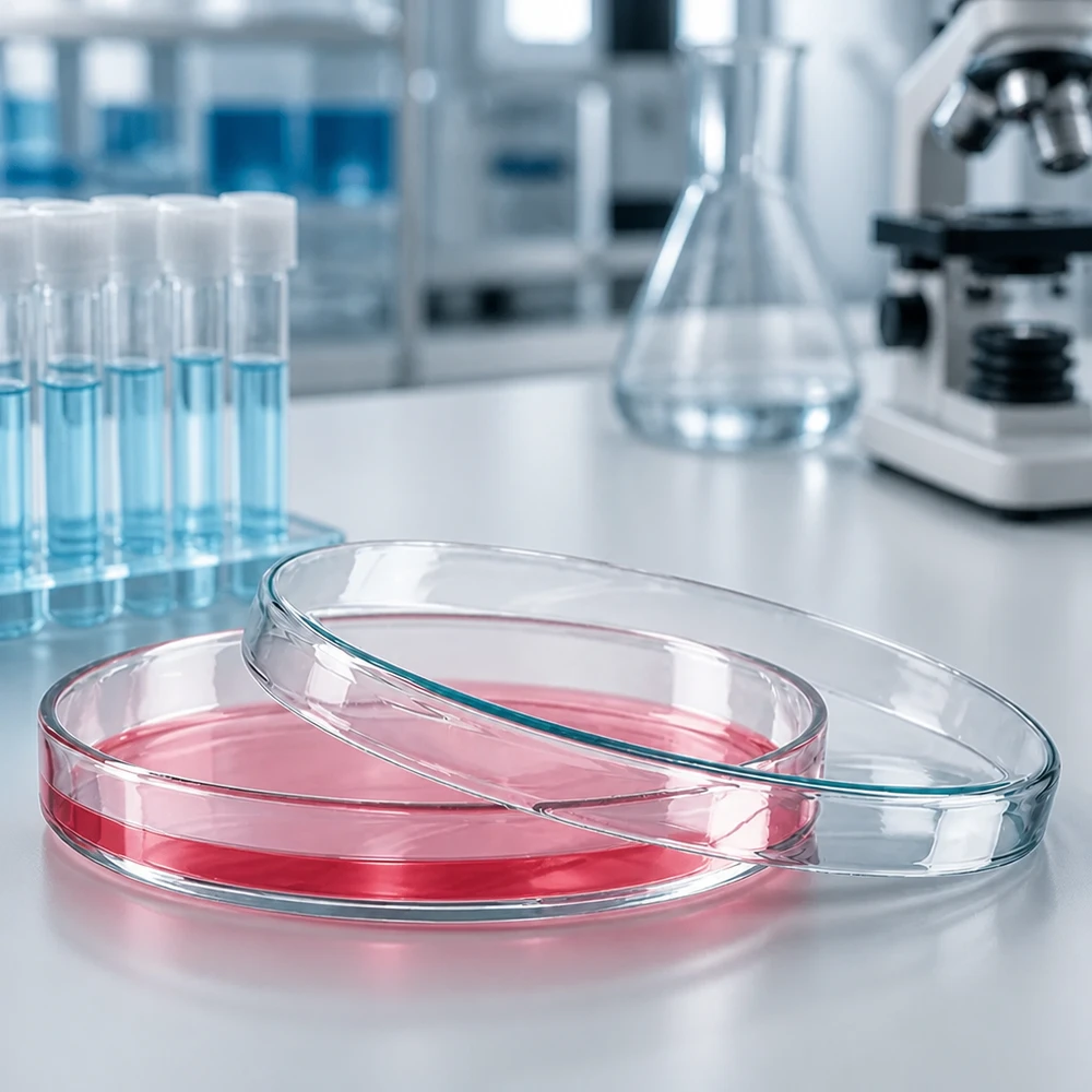 Boîte de Pétri en verre de 120 x 20 mm remplie d'un milieu de culture rouge, à côté d'un ballon d'Erlenmeyer et d'un microscope dans un laboratoire