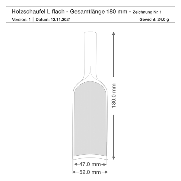 Pelle en bois taille L forme plate - 180mm de long Dessin technique Pelle en bois L plate 180mm de longueur totale avec dimensions 47mm et 52mm de largeur Poids 24g