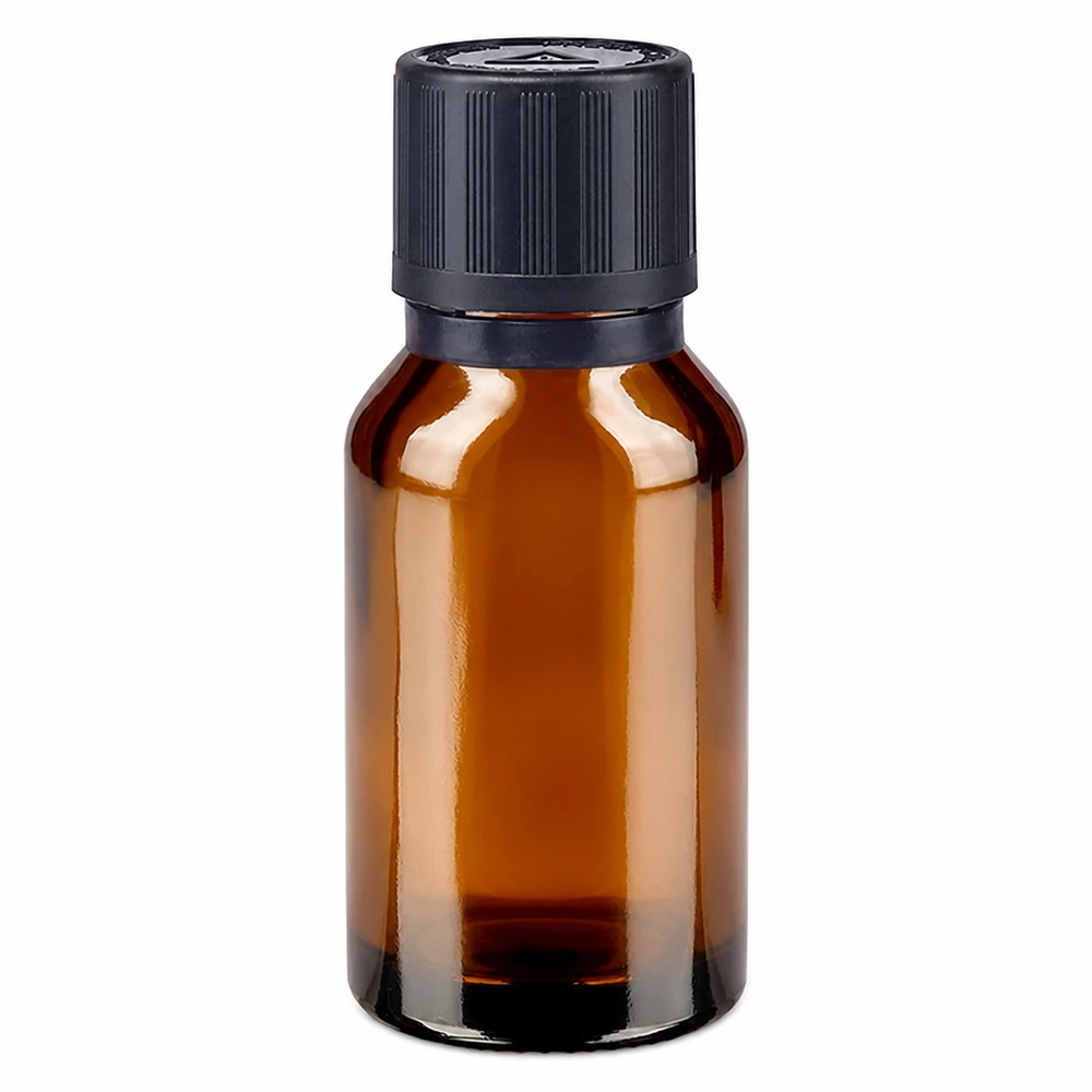 Flacon de pharmacie marron de 15 ml avec bouchon de sécurité enfant noir et compte-gouttes de 1 mm
