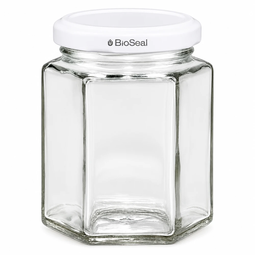 196ml Verre hexagonal avec couvercle BioSeal blanc UNiTWIST 196ml Verre hexagonal avec couvercle BioSeal blanc UNiTWIST