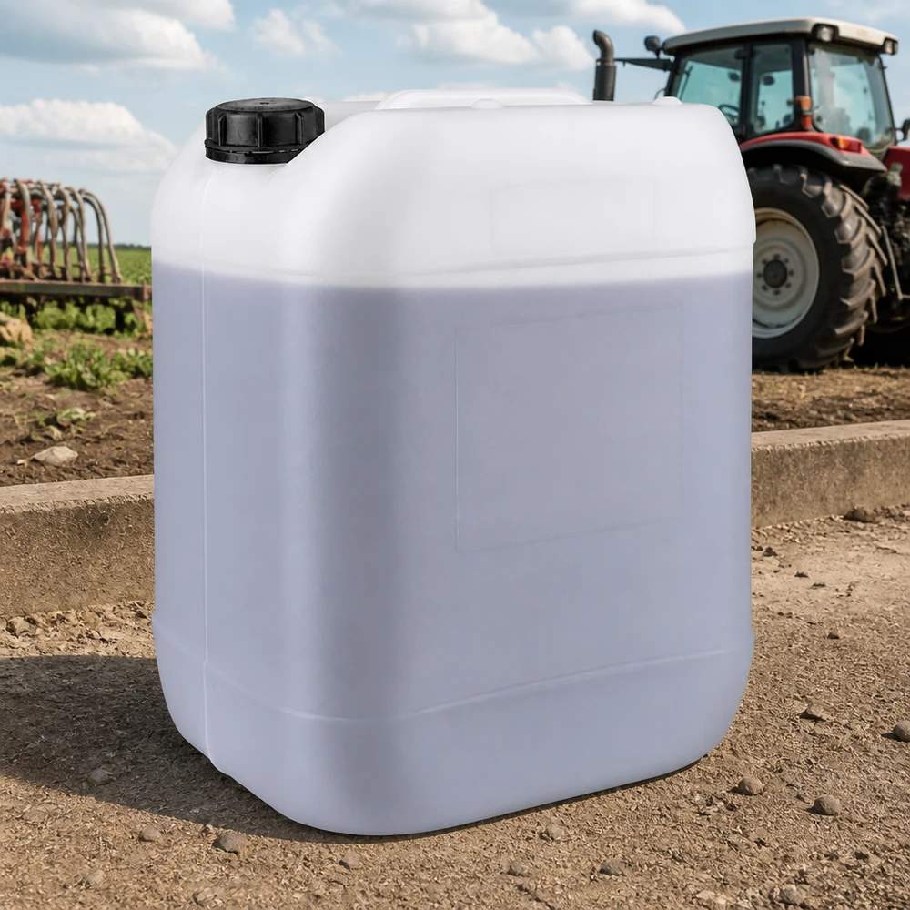 Jerrican de 20 litres avec bouchon à vis Bidon transparent de 20 litres avec bouchon à vis, posé dans une ferme à côté d'un tracteur rouge