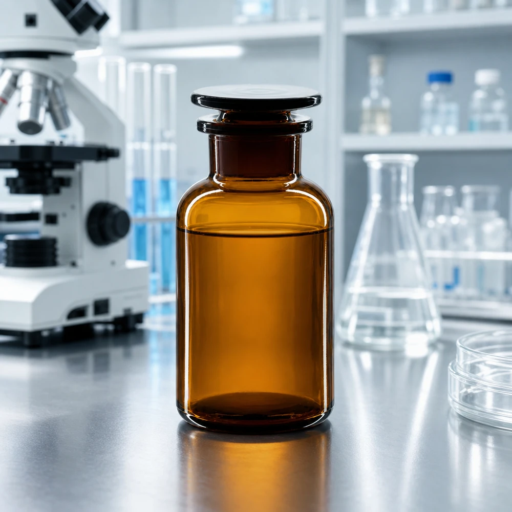 Flacon en verre ambré de 250 ml à col large avec bouchon en verre, à côté d'un microscope et d'un ballon d'Erlenmeyer