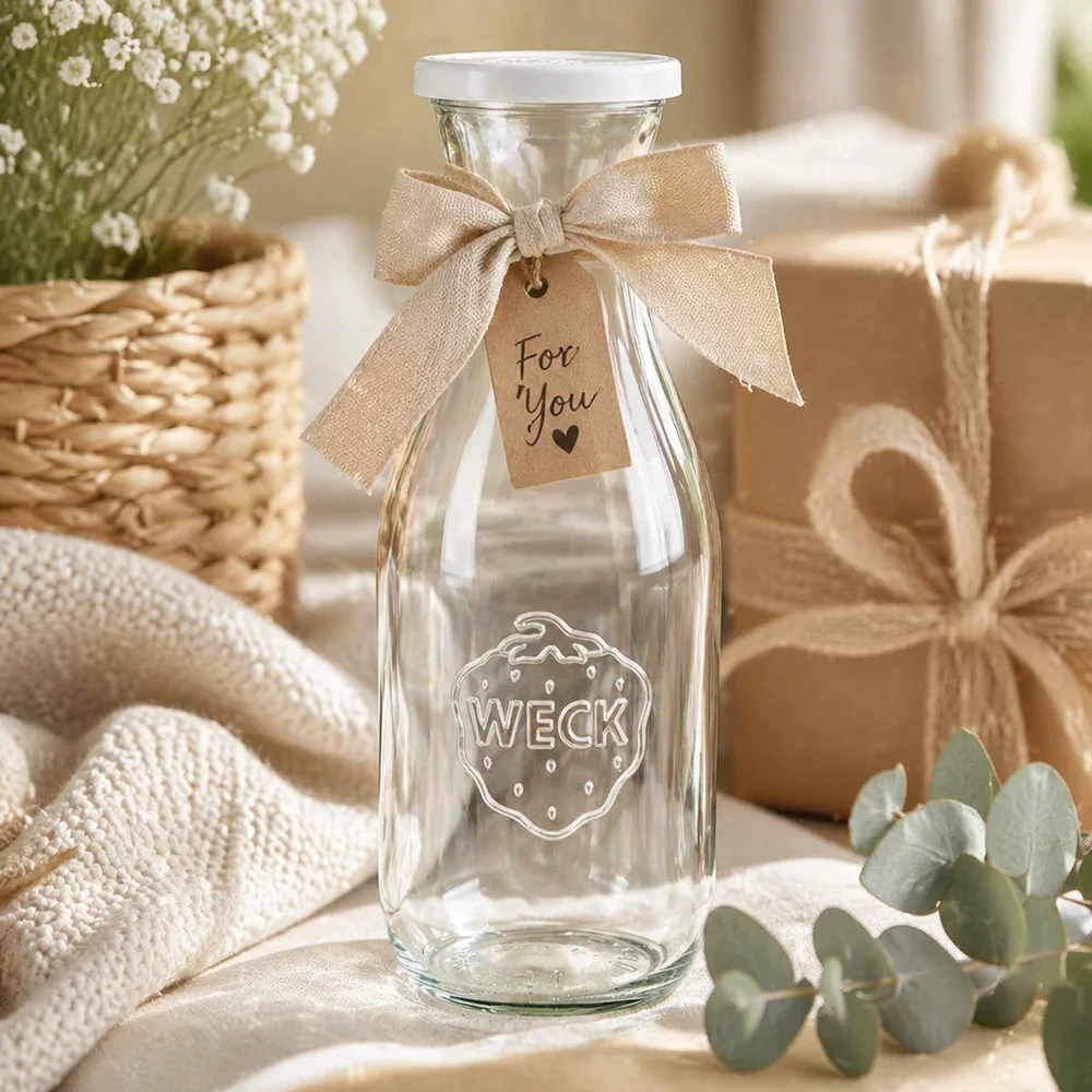 Bouteille à jus de 1 062 ml avec couvercle fraîcheur WECK RR60 WECK Bouteille de jus de fruits 1062ml à offrir avec un ruban et un pendentif For You dans une scène décorative rustique