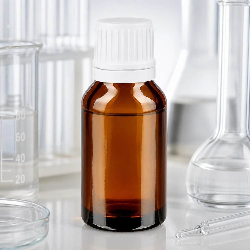 Flacon de pharmacie marron de 15 ml muni d'un bouchon d'inviolabilité blanc, dans un laboratoire, entre un ballon en verre et un bécher