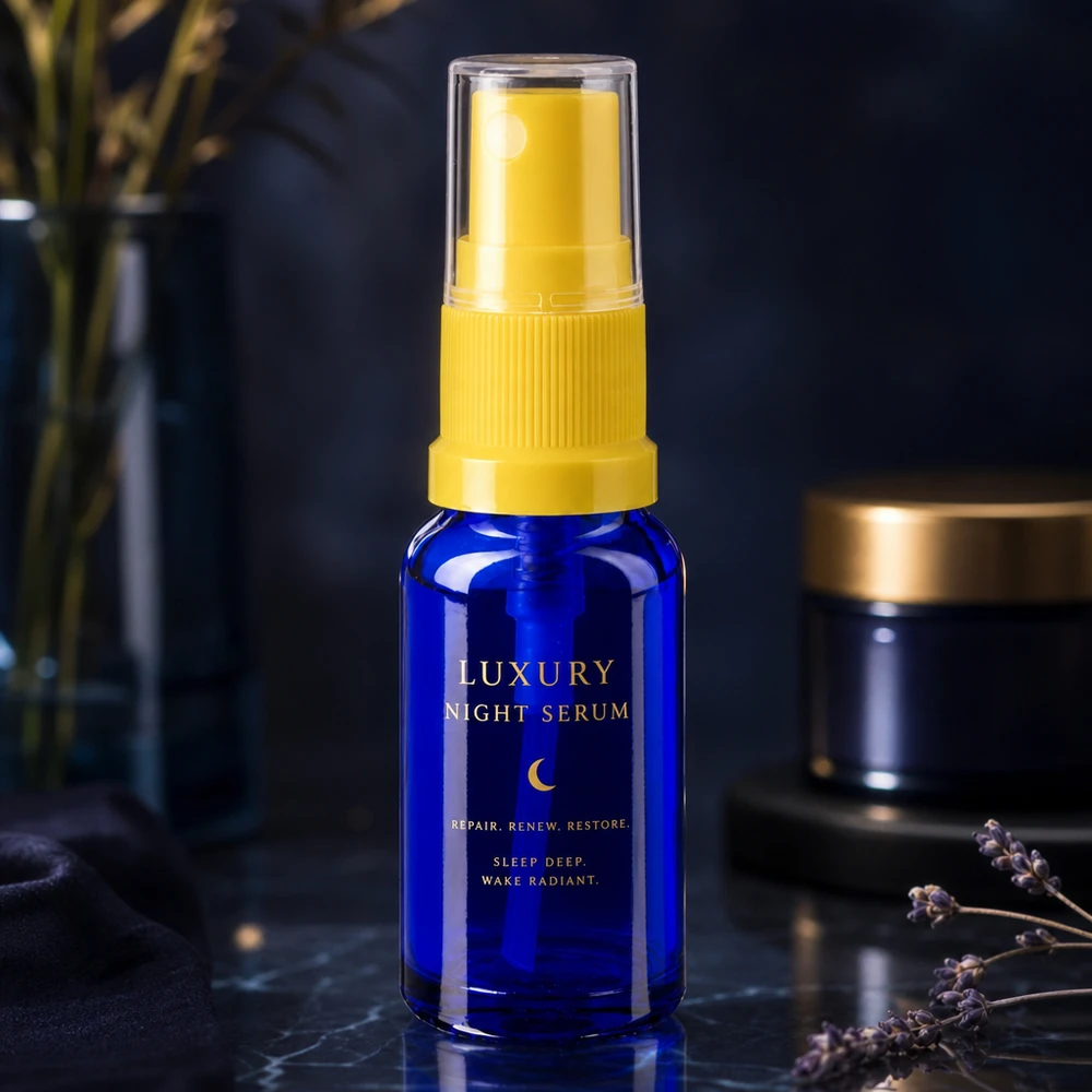 Flacon bleu de 30 ml muni d'un vaporisateur jaune, présenté comme emballage du « Luxury Night Serum » dans une photo de studio