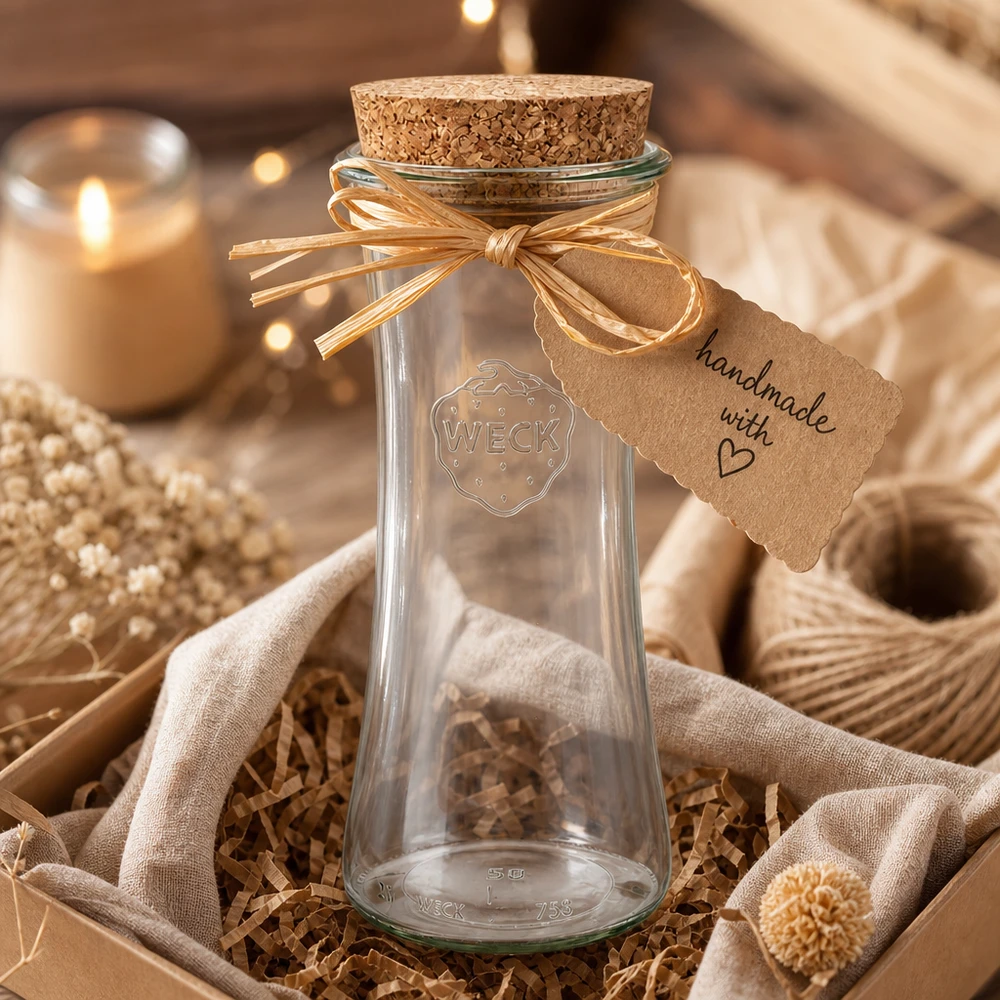 WECK RR80 Verre 700ml avec bouchon comme cadeau artisanal décoré avec un ruban et un pendentif dans une atmosphère rustique