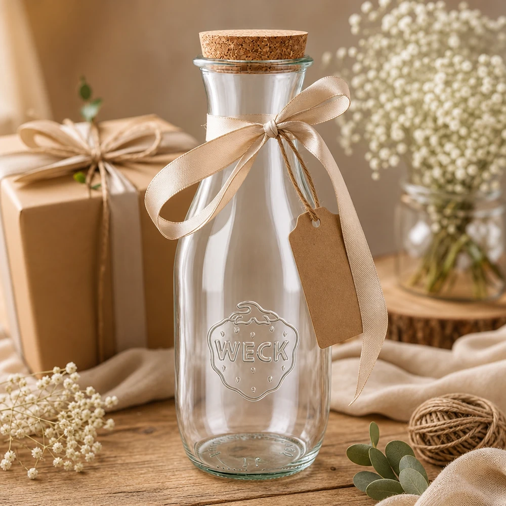 WECK Bouteille en verre de 1062 ml décorée comme cadeau avec un ruban beige et un pendentif à côté du gypsophile et une boîte cadeau