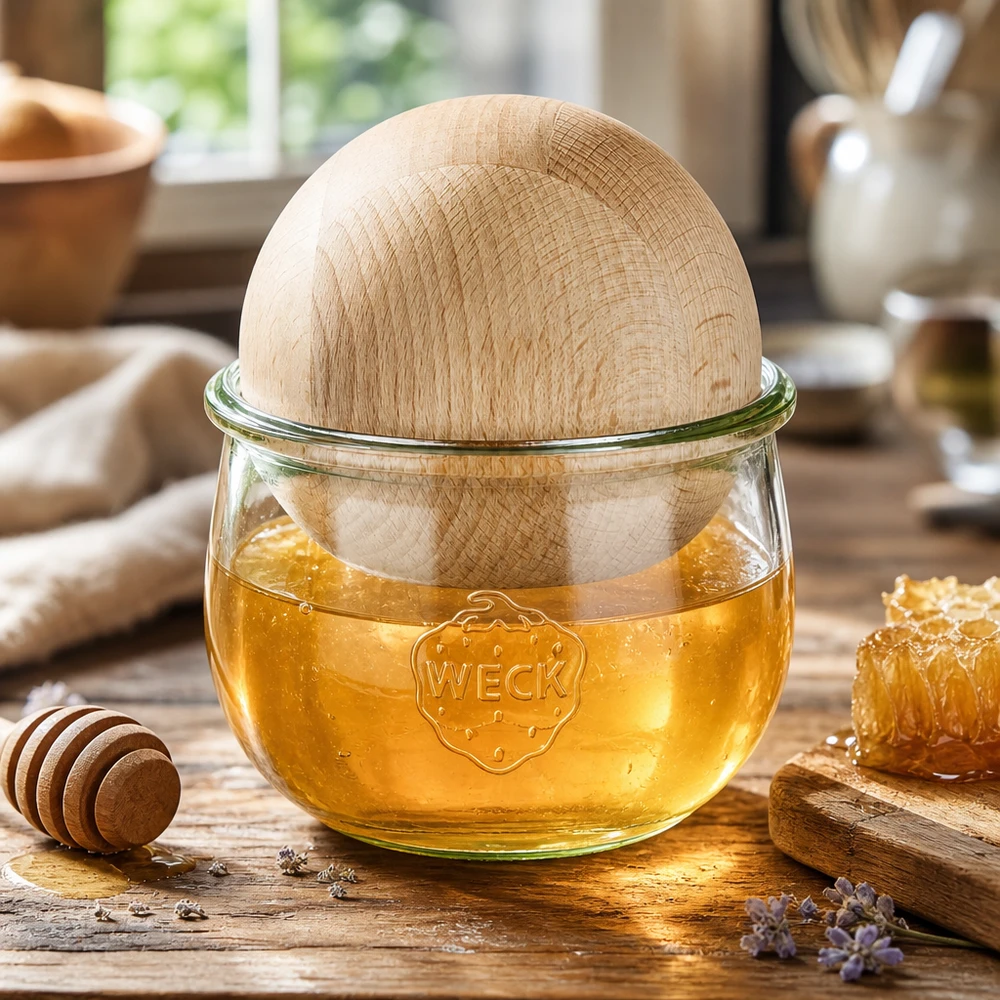 WECK Pot tulipe 580ml avec boule en bois de hêtre remplie de miel, conservation décorative pour produits naturels et accessoires de cuisine
