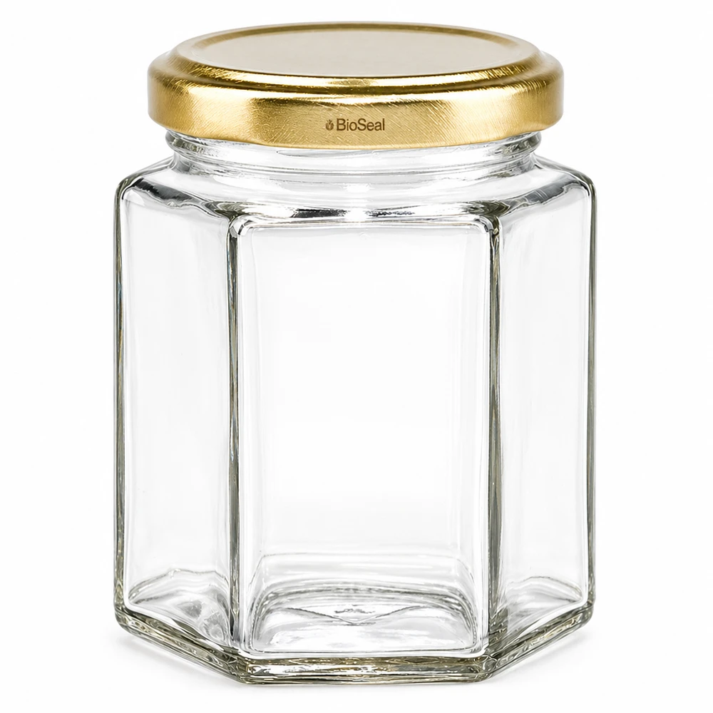 196ml Verre hexagonal avec couvercle BioSeal or UNiTWIST Bocal hexagonal UNiTWIST Hexa196 avec couvercle TO58 BioSeal doré en verre transparent vide