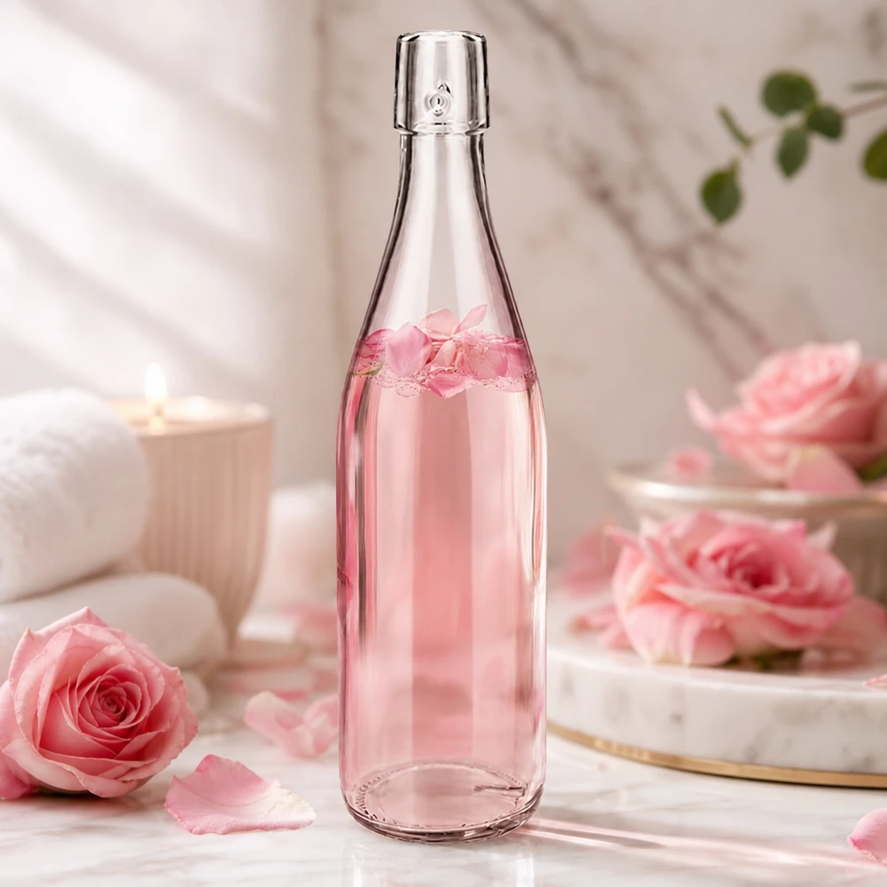 Bouteille en verre de 500 ml sans bouchon mécanique UNiTWIST 500ml UNiTWIST Glasflasche mit Rosenwasser in romantischer Dekoration mit rosa Rosen und elegantem Ambiente