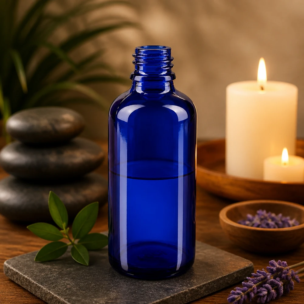 Bouteille de pharmacie ApoGlas de 50ml d'un bleu intense pour les cosmétiques DIY et les teintures maison