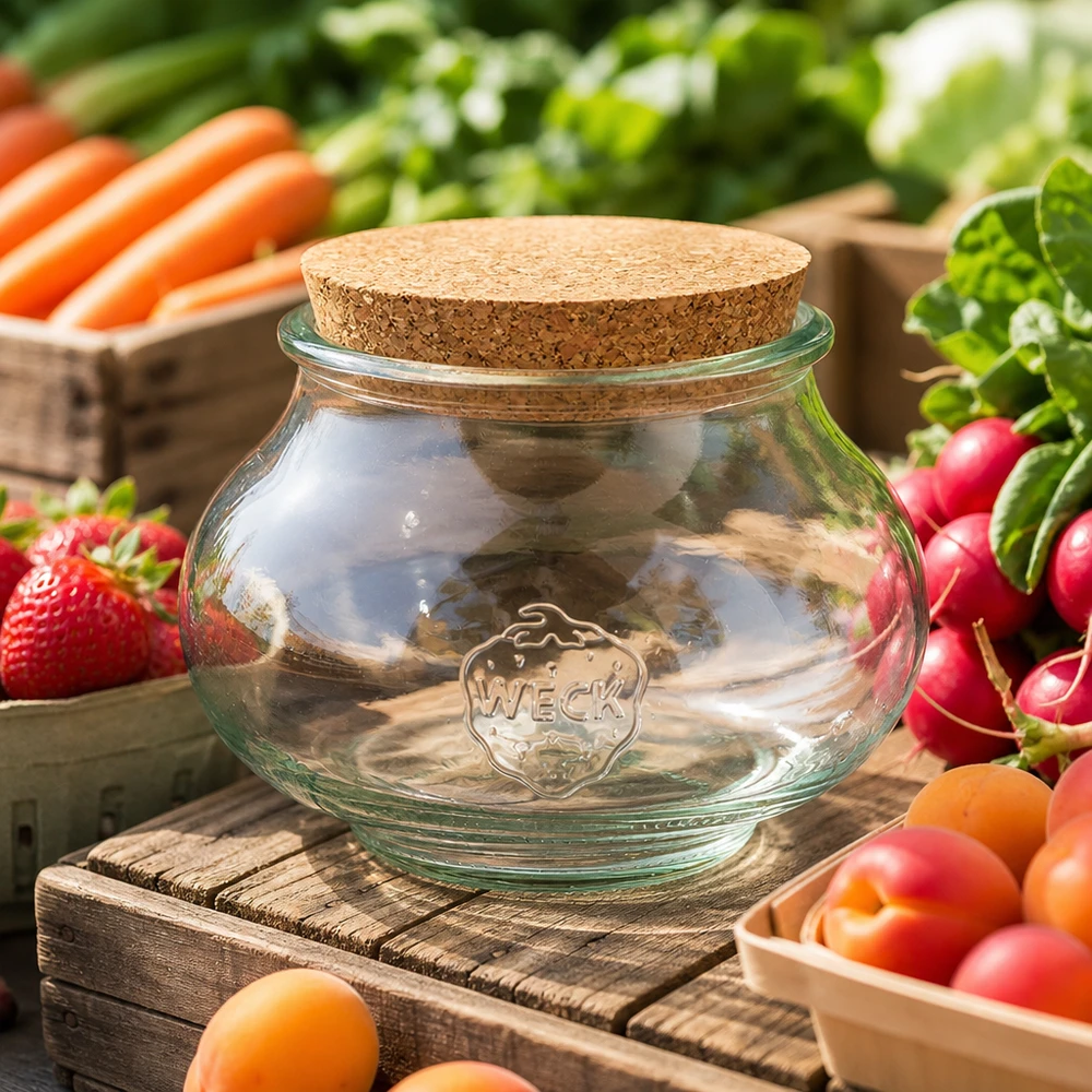 WECK Pot à bijoux 560ml RR80 vide avec bouchon en liège sur table en bois entouré de fruits et légumes frais