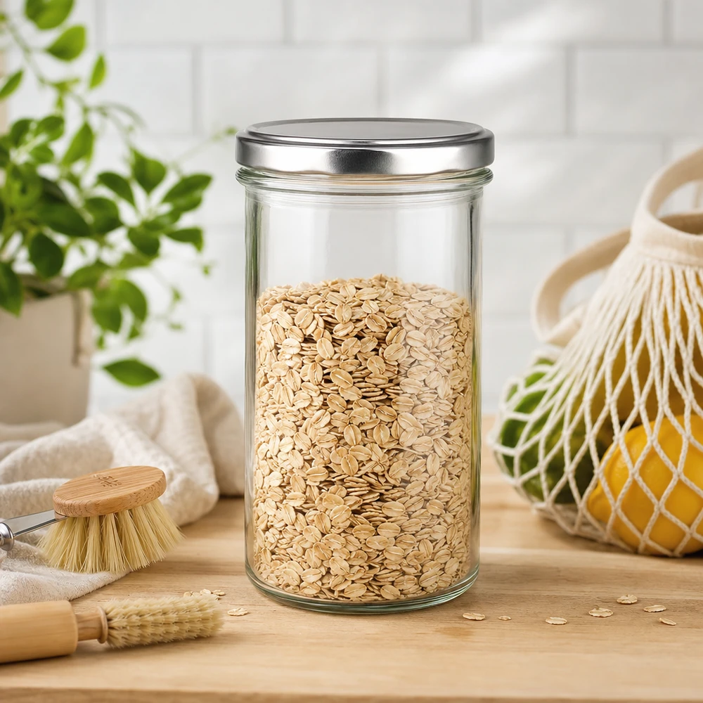 Verre renversé de 350 ml avec couvercle BasicSeal argenté rempli de flocons d'avoine sur planche en bois avec accessoires de cuisine Verre à céréales