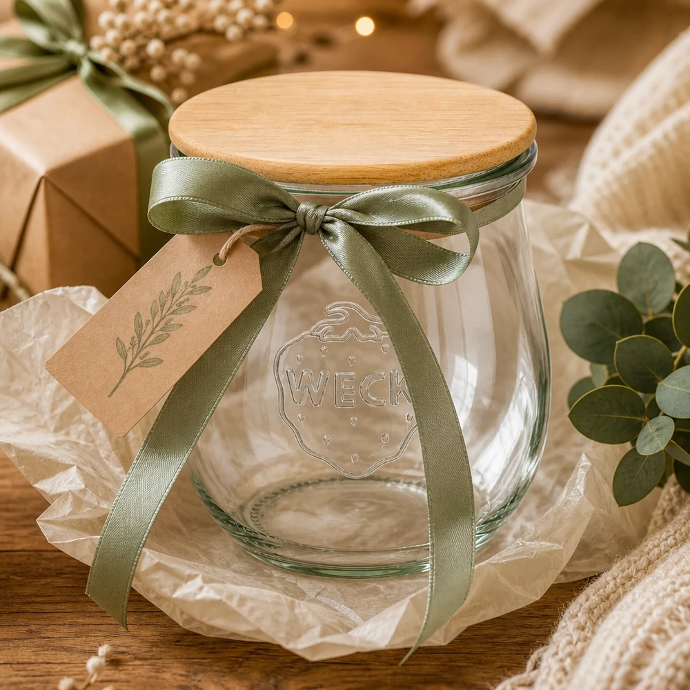 WECK Pot tulipe 220ml RR60 comme cadeau avec ruban vert et pendentif - pot de conserve avec couvercle en bois emballé de manière décorative